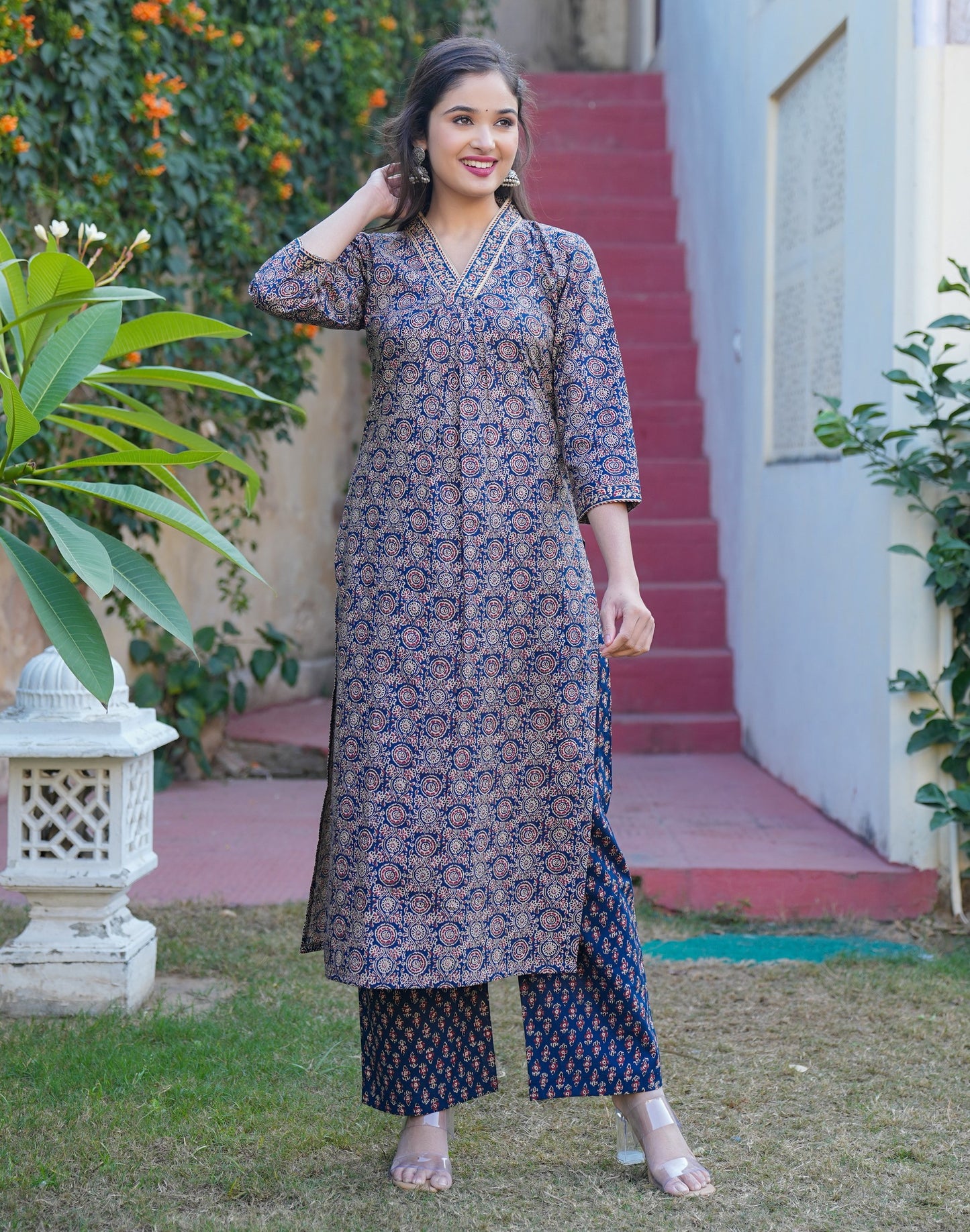 Blue Print Straight Cotton Kurta Set