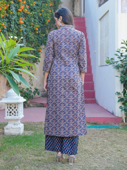 Blue Print Straight Cotton Kurta Set