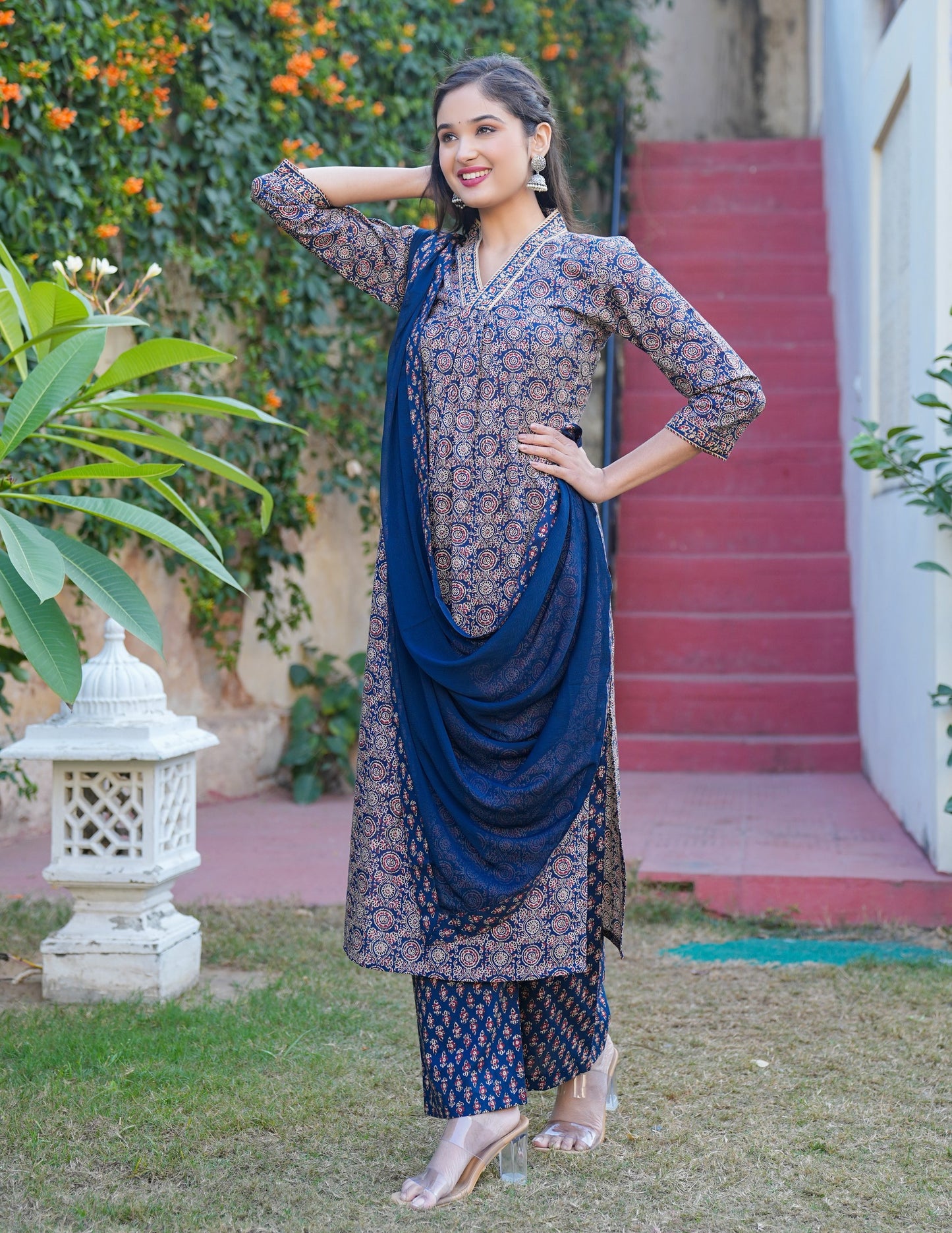 Blue Print Straight Cotton Kurta Set