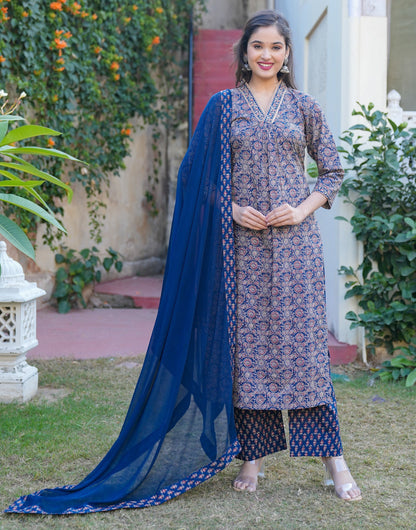 Blue Print Straight Cotton Kurta Set