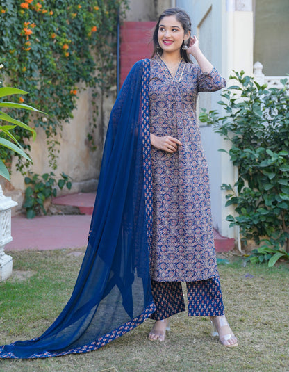 Blue Print Straight Cotton Kurta Set