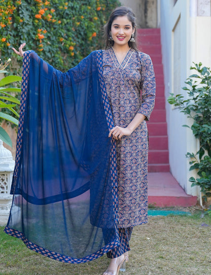 Blue Print Straight Cotton Kurta Set