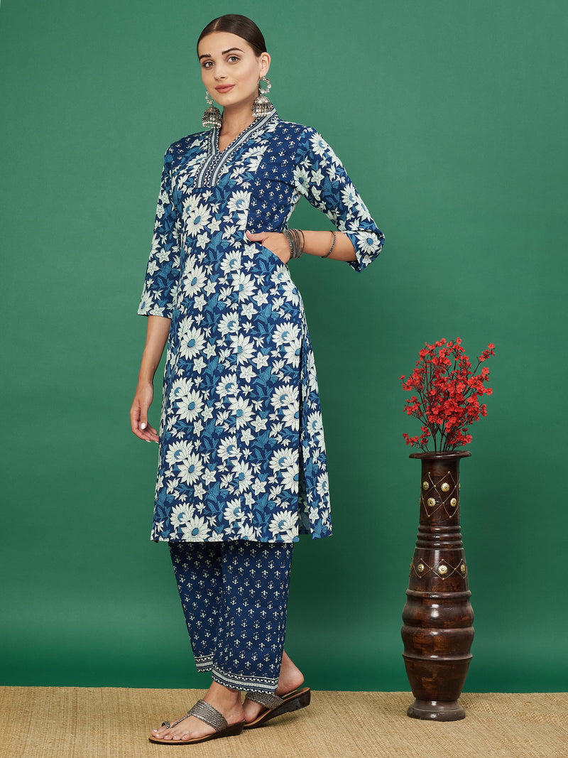 Blue Printed Cotton Kurta with Palazzo