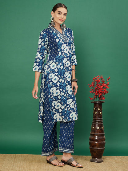 Blue Printed Cotton Kurta with Palazzo