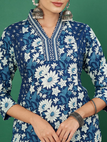 Blue Printed Cotton Kurta with Palazzo