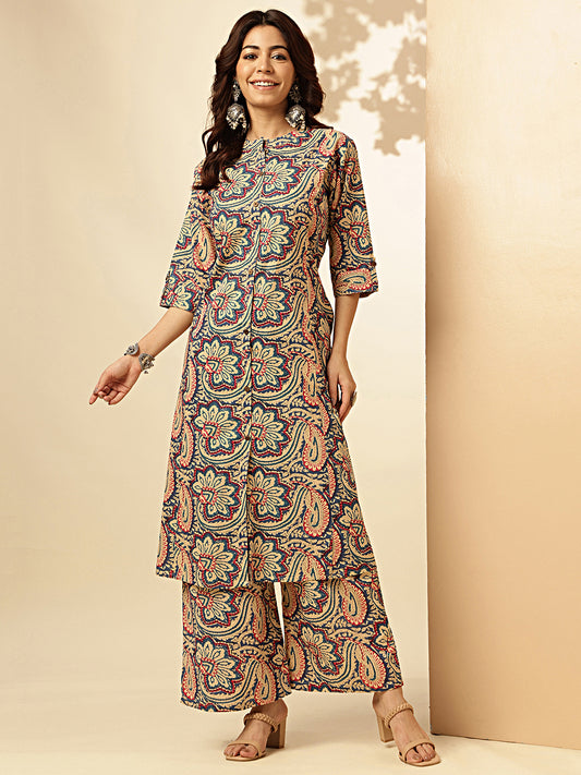 Kalamkari Print Straight Cotton Aqua Co-Ord Set