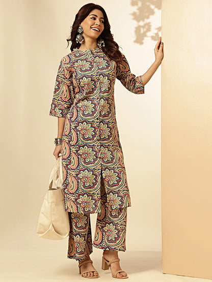 Kalamkari Print Straight Cotton Aqua Co-Ord Set