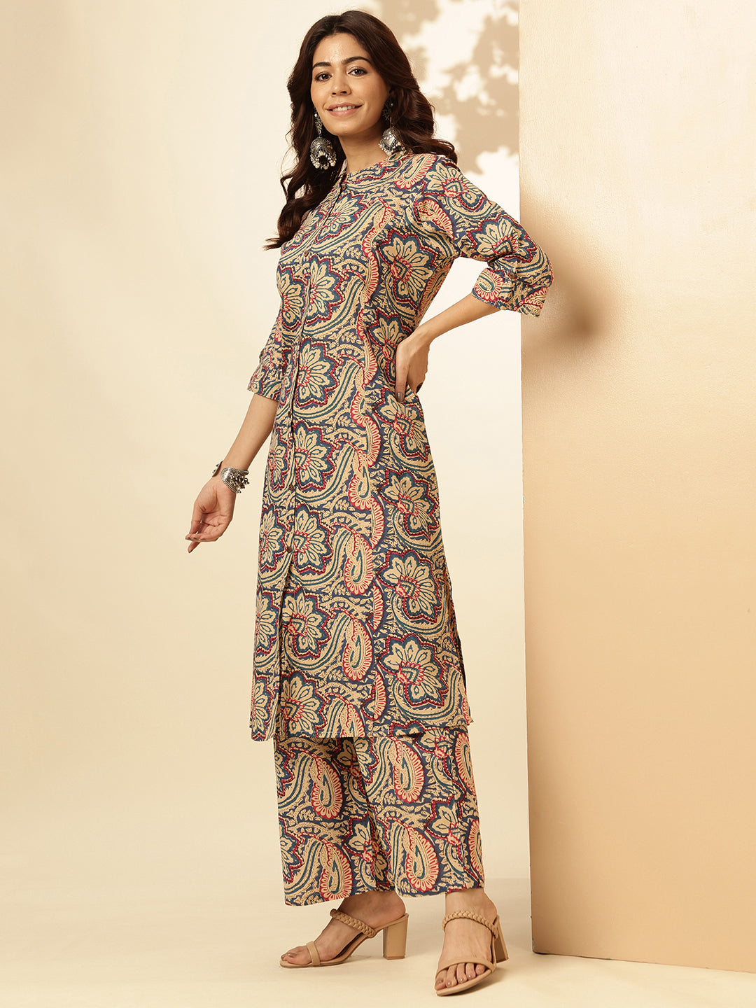 Kalamkari Print Straight Cotton Aqua Co-Ord Set