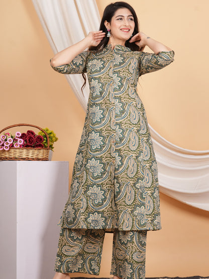 Mehndi Green Straight Cotton Co-Ord Set