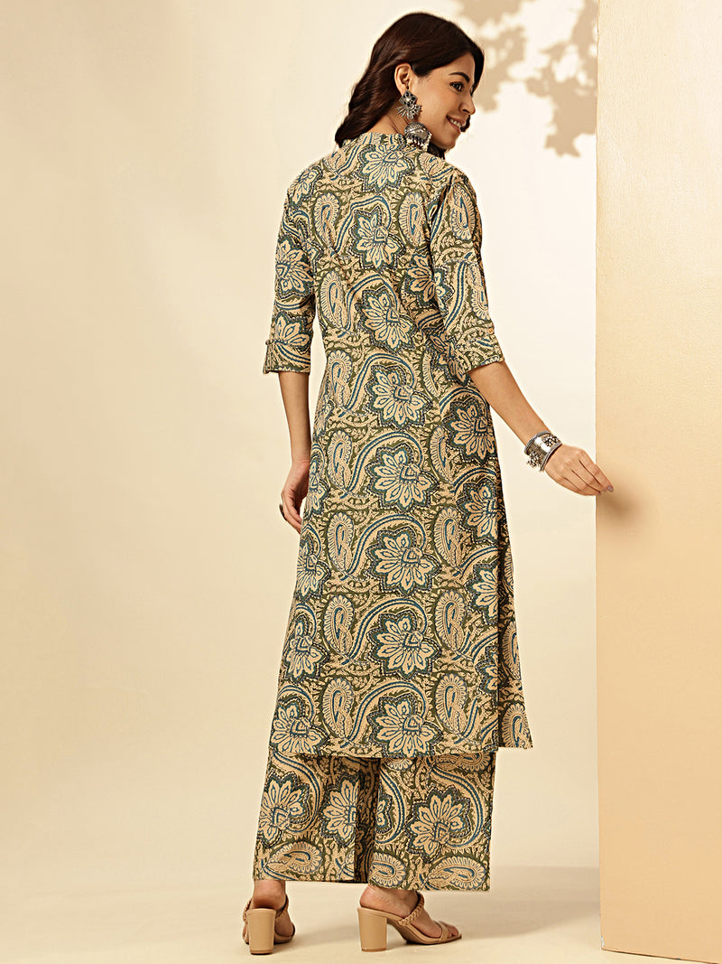 Kalamkari Print Straight Cotton Mehndi Green Co-Ord Set