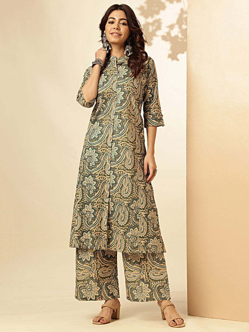 Kalamkari Print Straight Cotton Mehndi Green Co-Ord Set