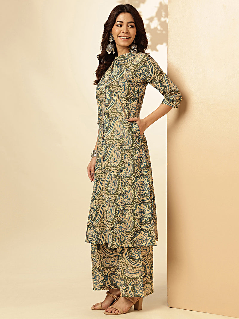 Kalamkari Print Straight Cotton Mehndi Green Co-Ord Set