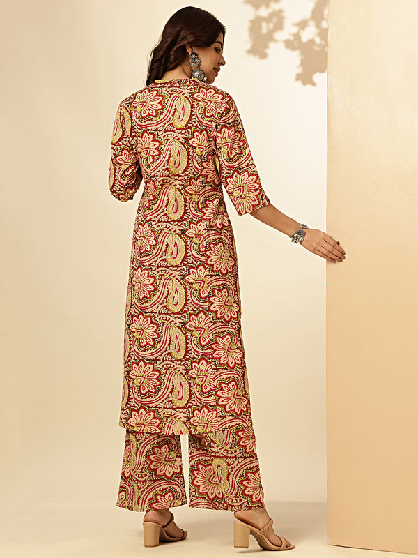 Kalamkari Print Straight Cotton Red Co-Ord Set