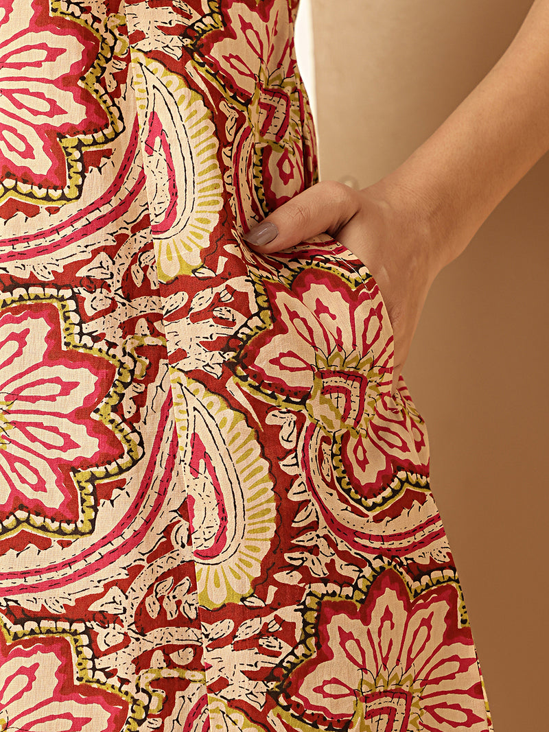 Kalamkari Print Straight Cotton Red Co-Ord Set