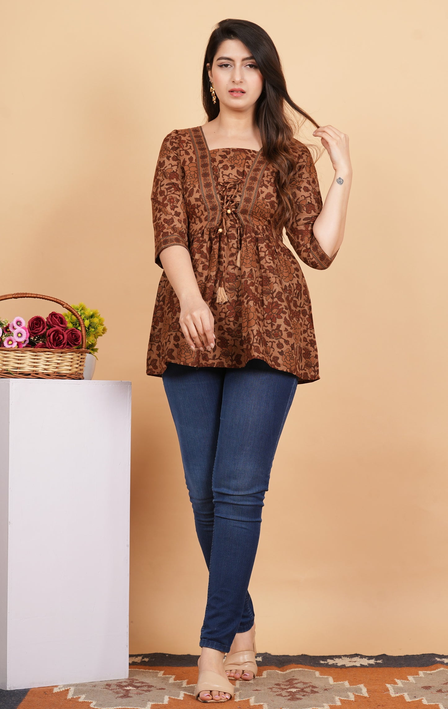 Brown Printed Cotton Flared Tunic