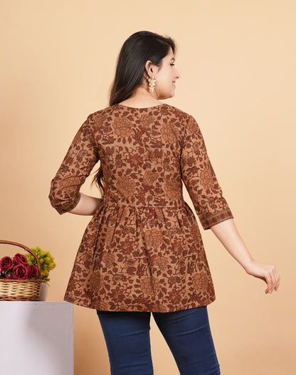 Brown Printed Cotton Flared Tunic