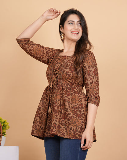 Brown Printed Cotton Flared Tunic