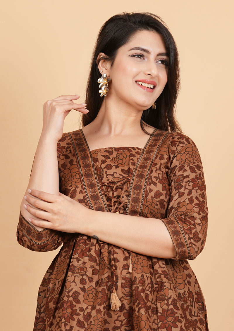 Brown Printed Cotton Flared Tunic