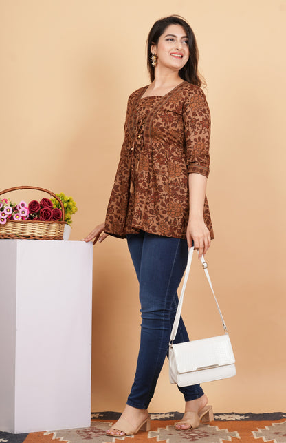 Brown Printed Cotton Flared Tunic