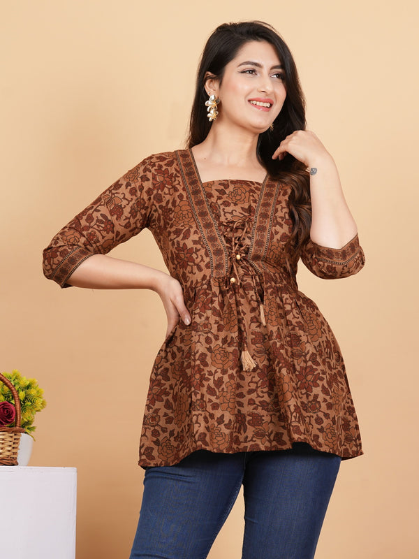 Brown Printed Cotton Flared Tunic