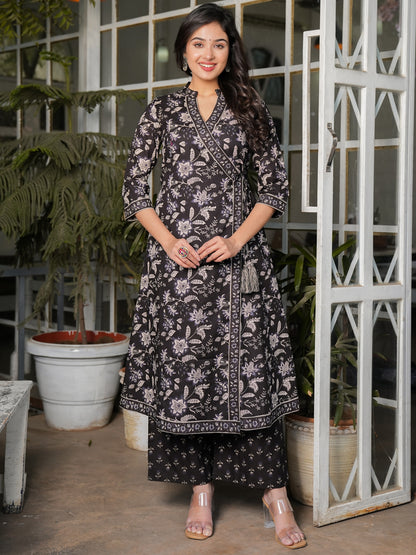 Black Angrakha Print Cotton Kurta Set