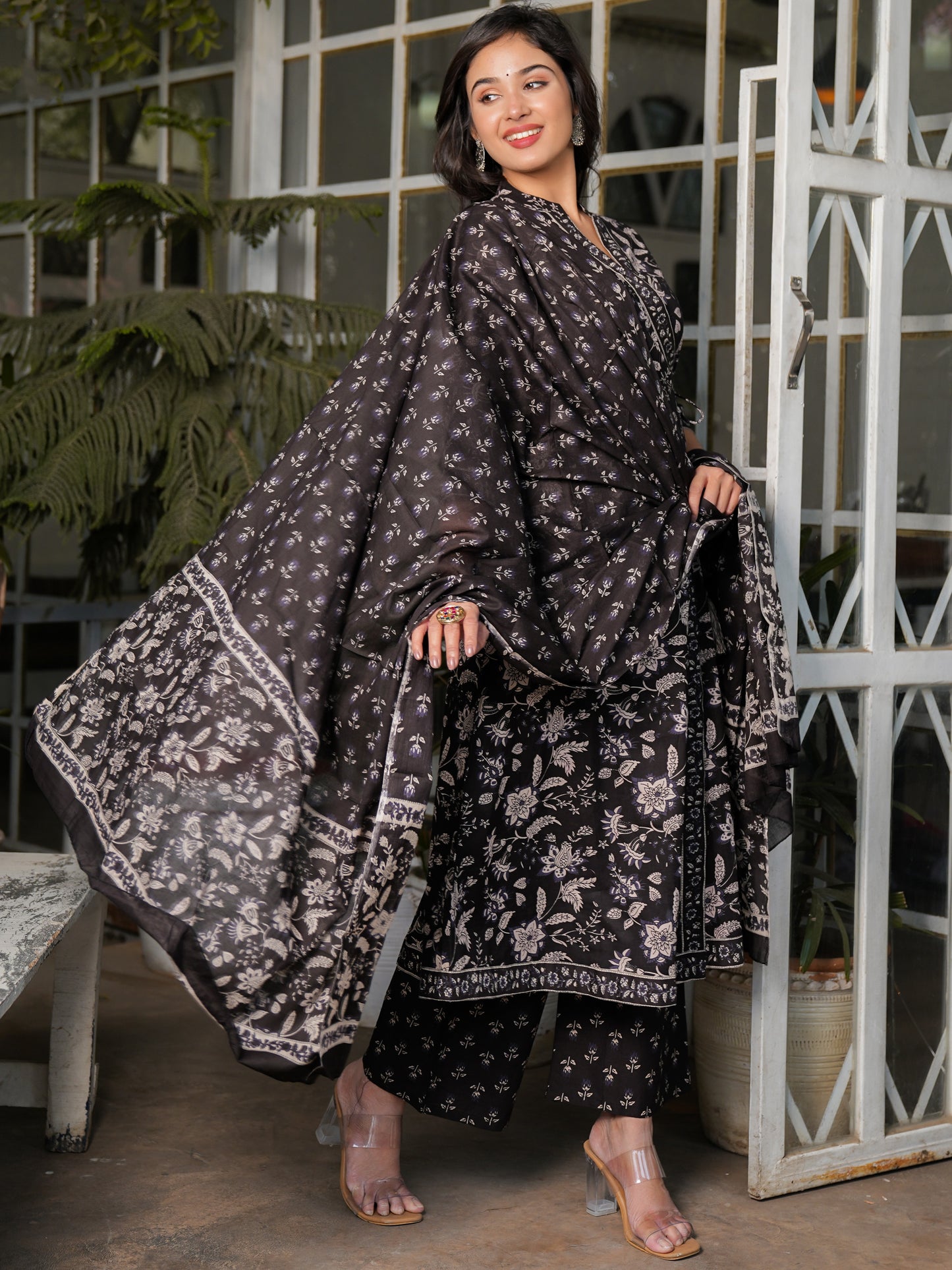 Black Angrakha Print Cotton Kurta Set