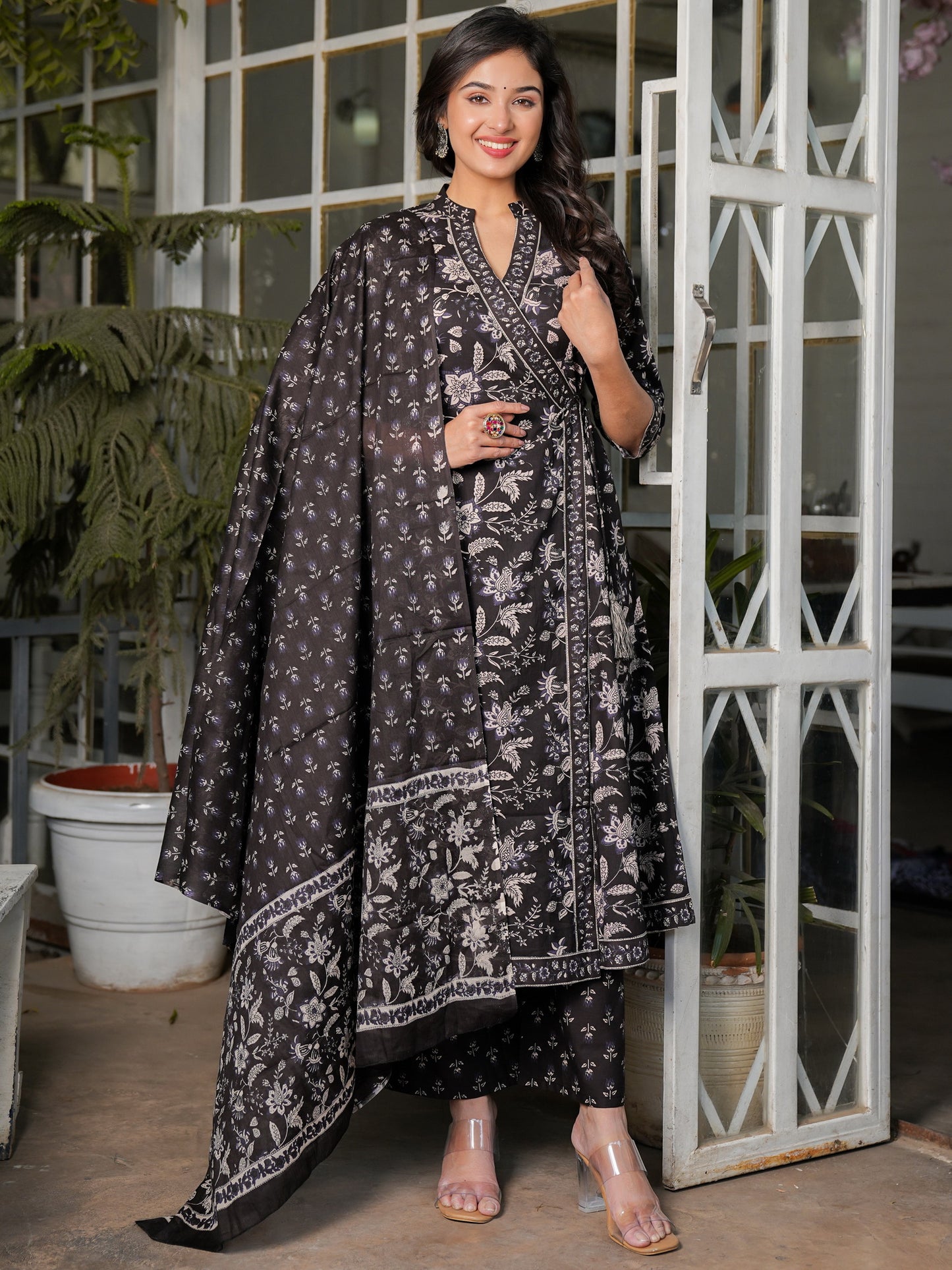 Black Angrakha Print Cotton Kurta Set