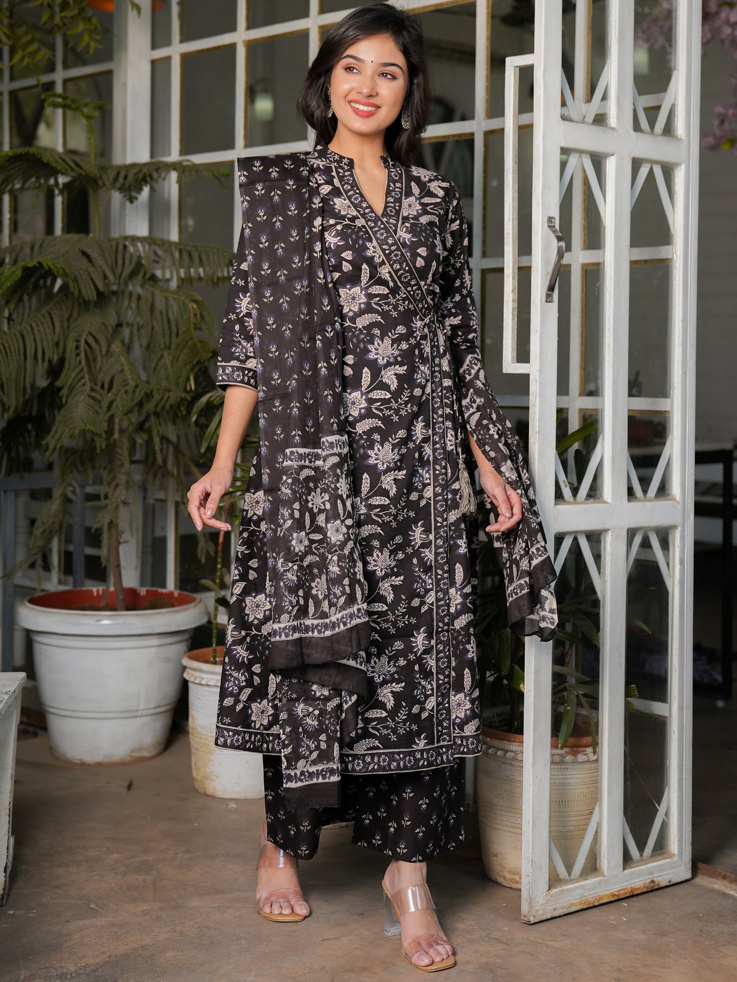 Black Angrakha Print Cotton Kurta Set