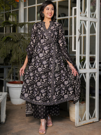 Black Angrakha Print Cotton Kurta Set