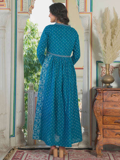 Aqua Blue Printed Anarkali Cotton Gown