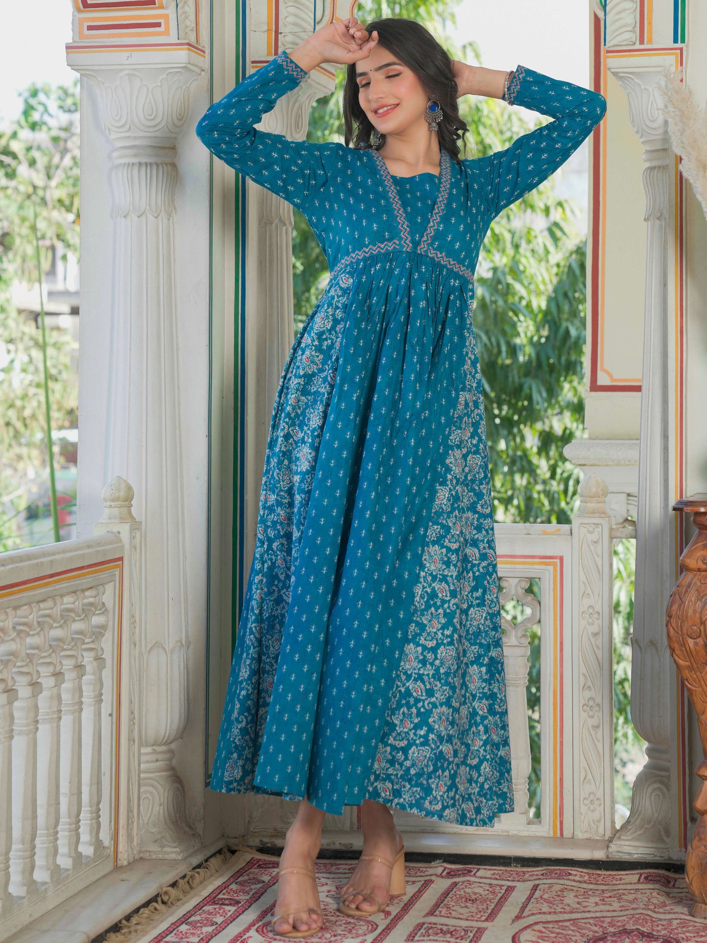 Aqua Blue Printed Anarkali Cotton Gown