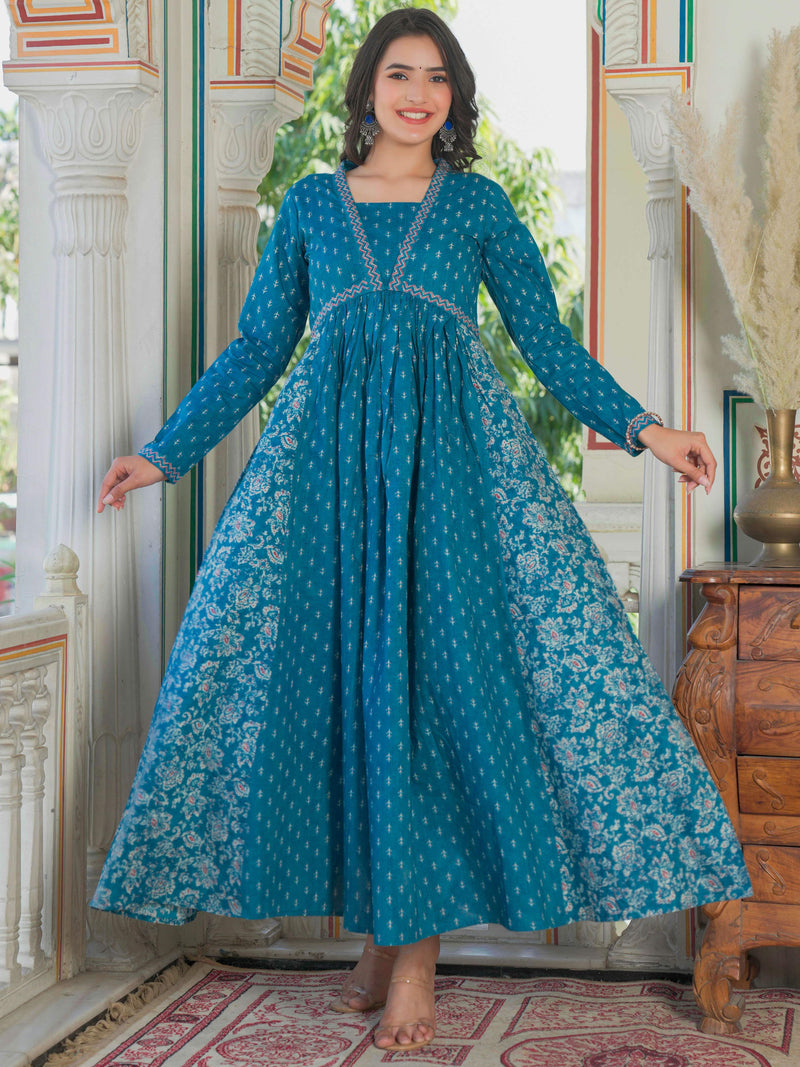 Aqua Blue Printed Anarkali Cotton Gown