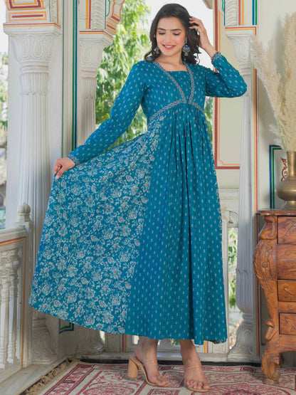 Aqua Blue Printed Anarkali Cotton Gown