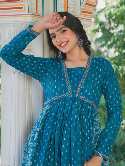 Aqua Blue Printed Anarkali Cotton Gown