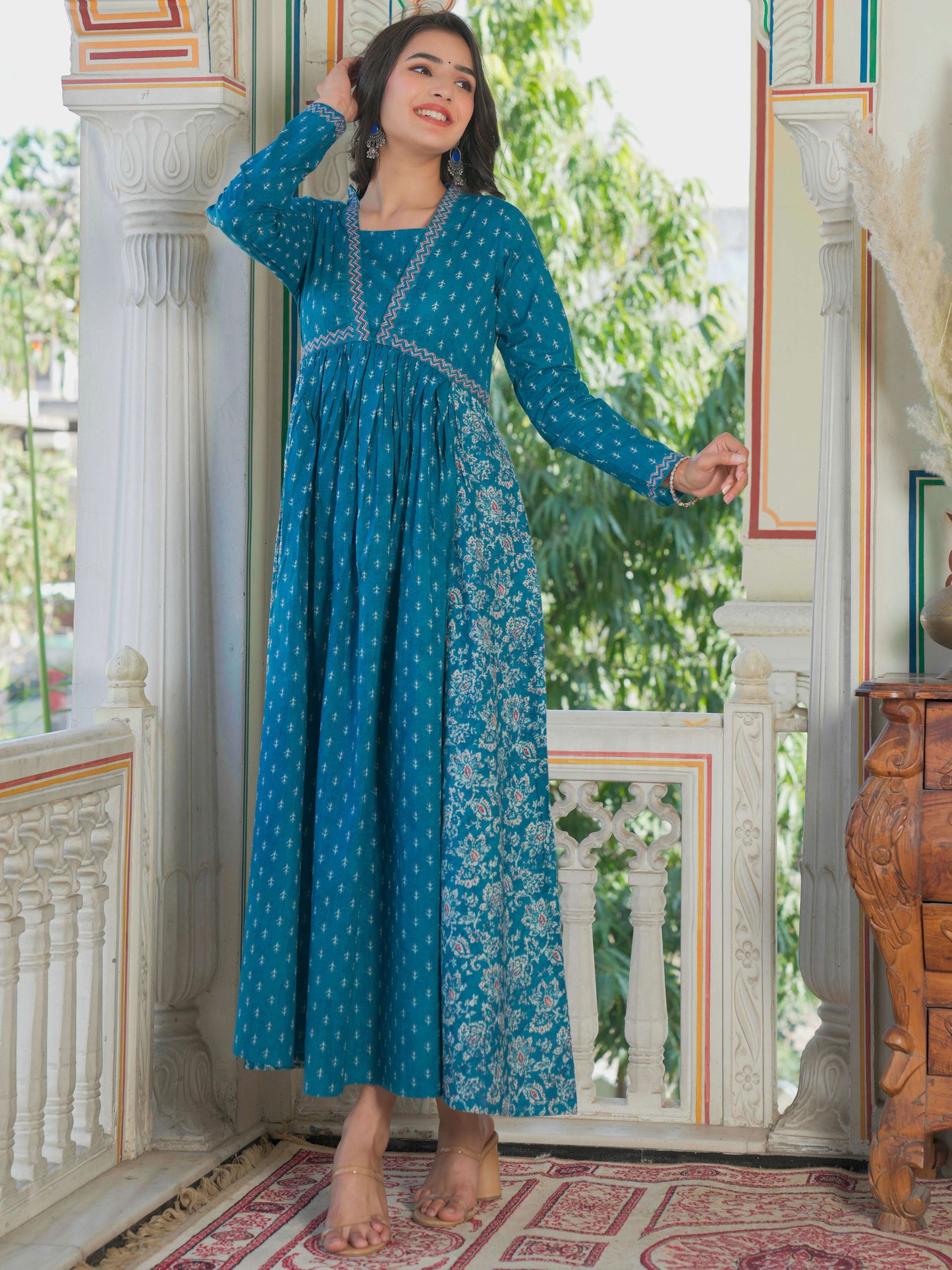 Aqua Blue Printed Anarkali Cotton Gown