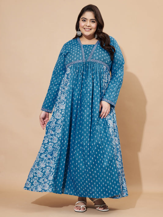 Aqua Blue Floral Print Anarkali Cotton Stitched Gown