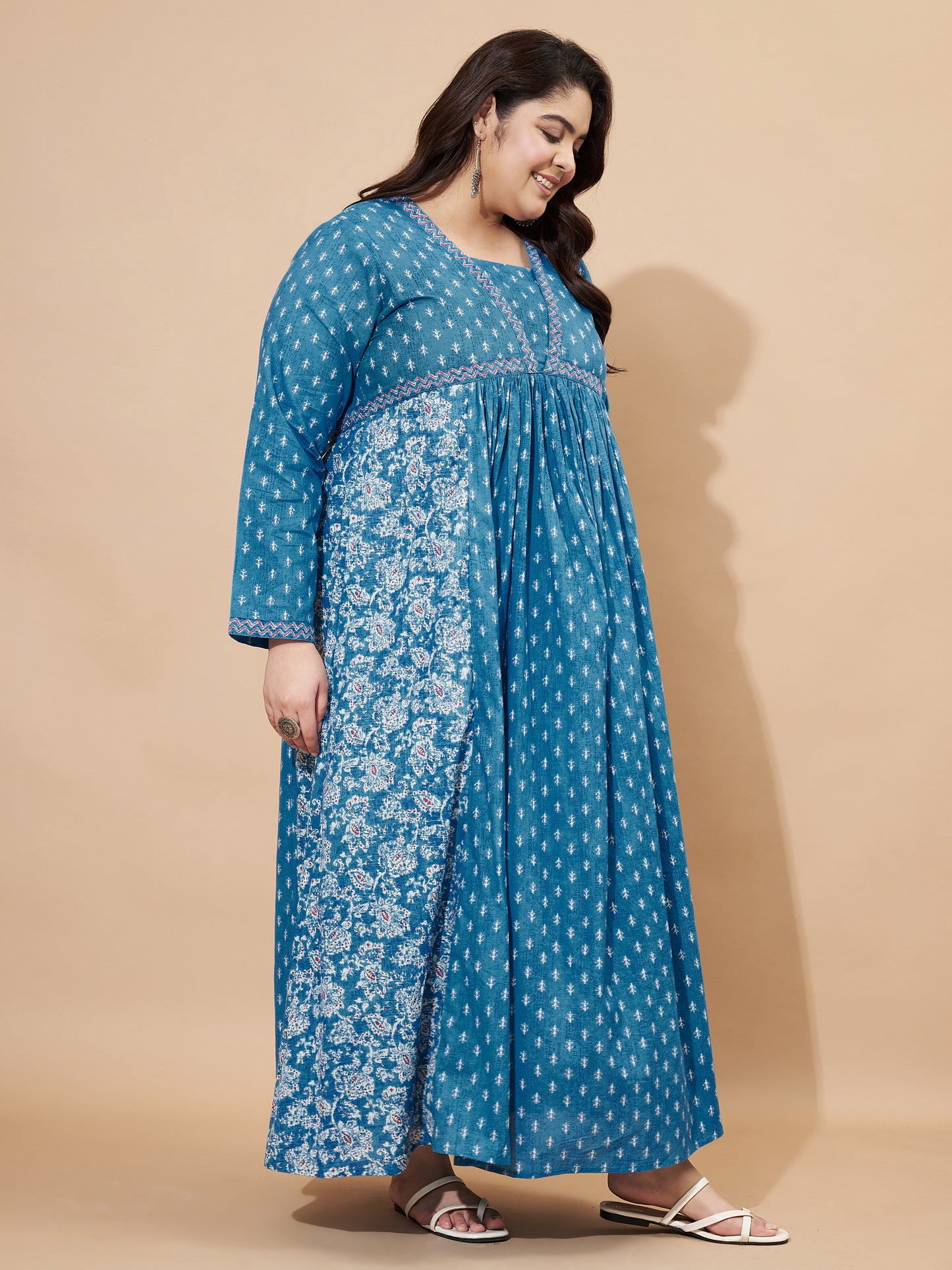 Aqua Blue Floral Print Anarkali Cotton Stitched Gown