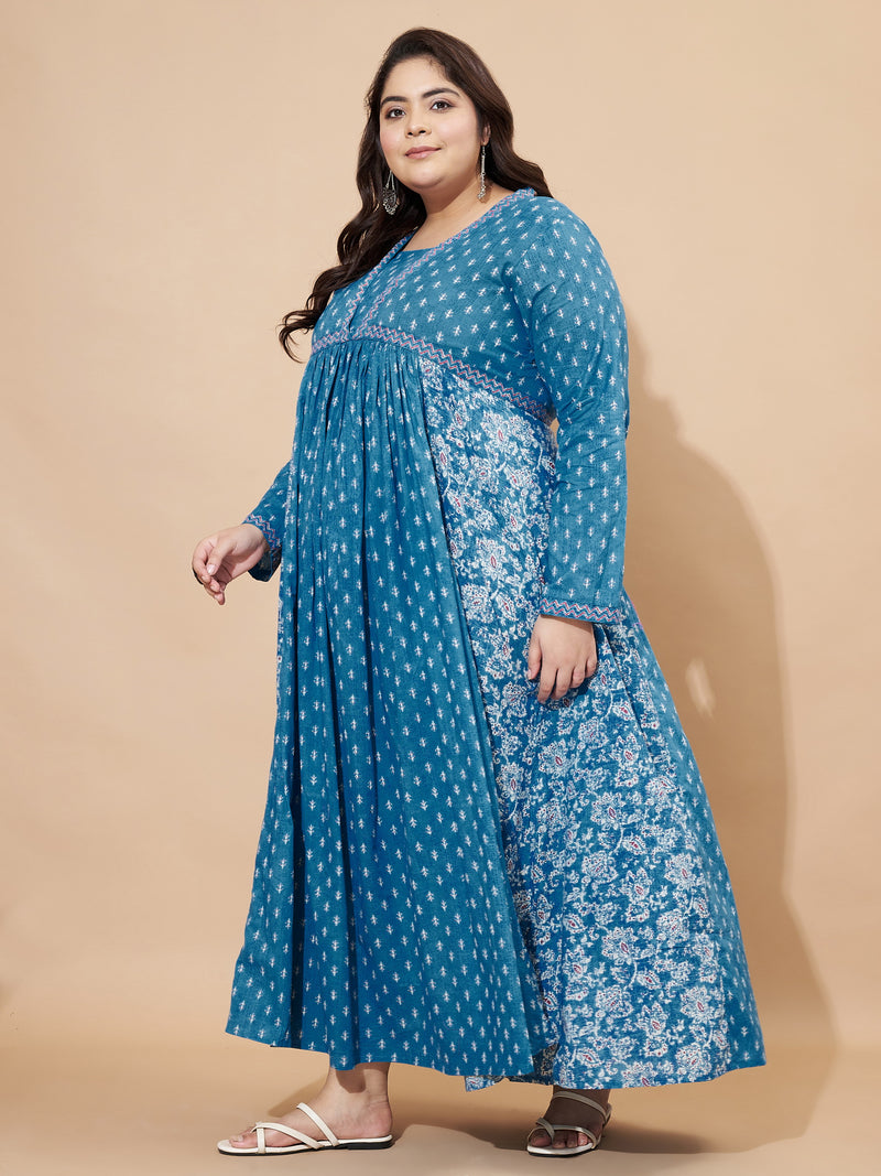 Aqua Blue Floral Print Anarkali Cotton Stitched Gown