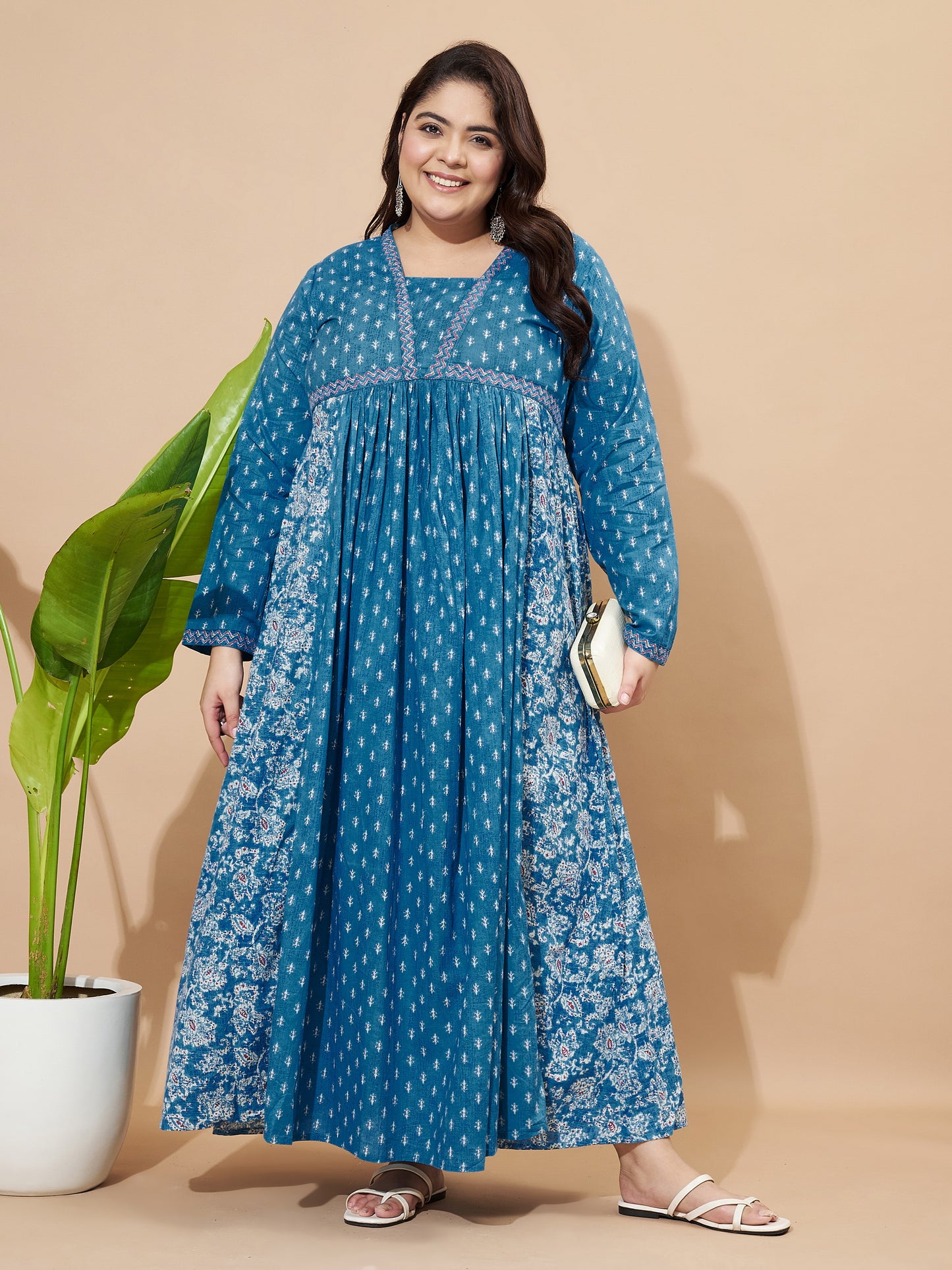 Aqua Blue Floral Print Anarkali Cotton Stitched Gown