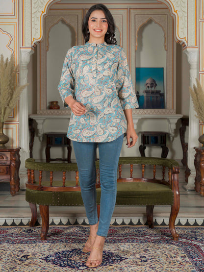 Sky Blue Print A-Line Cotton Top