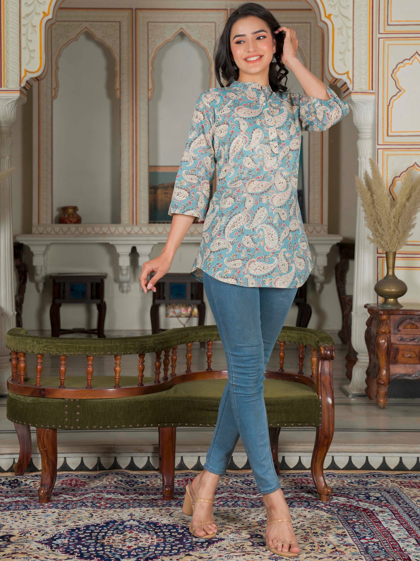 Sky Blue Print A-Line Cotton Top