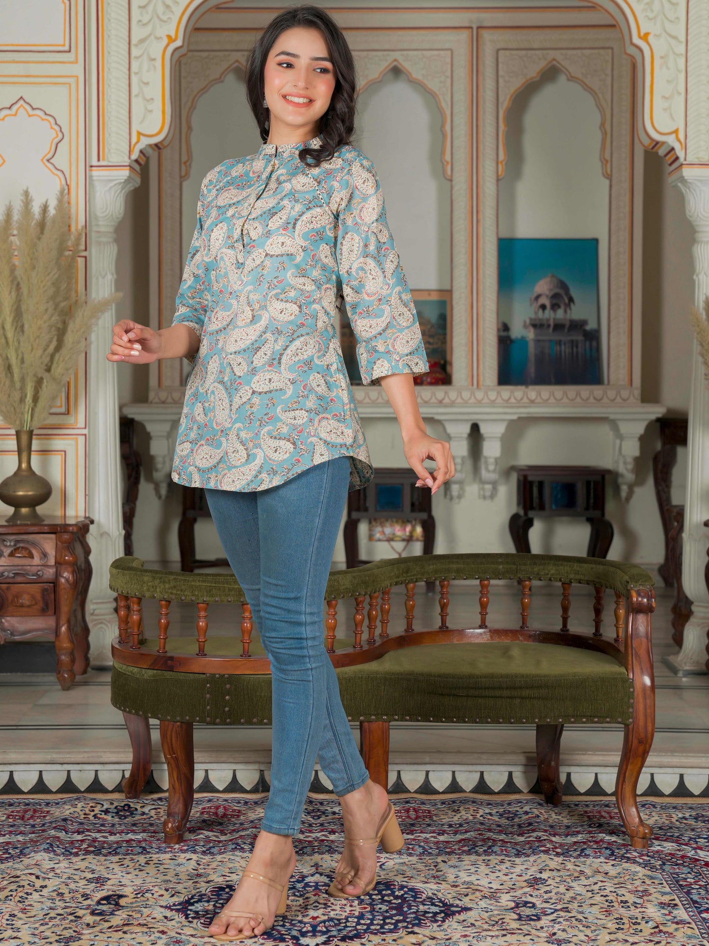 Sky Blue Print A-Line Cotton Top