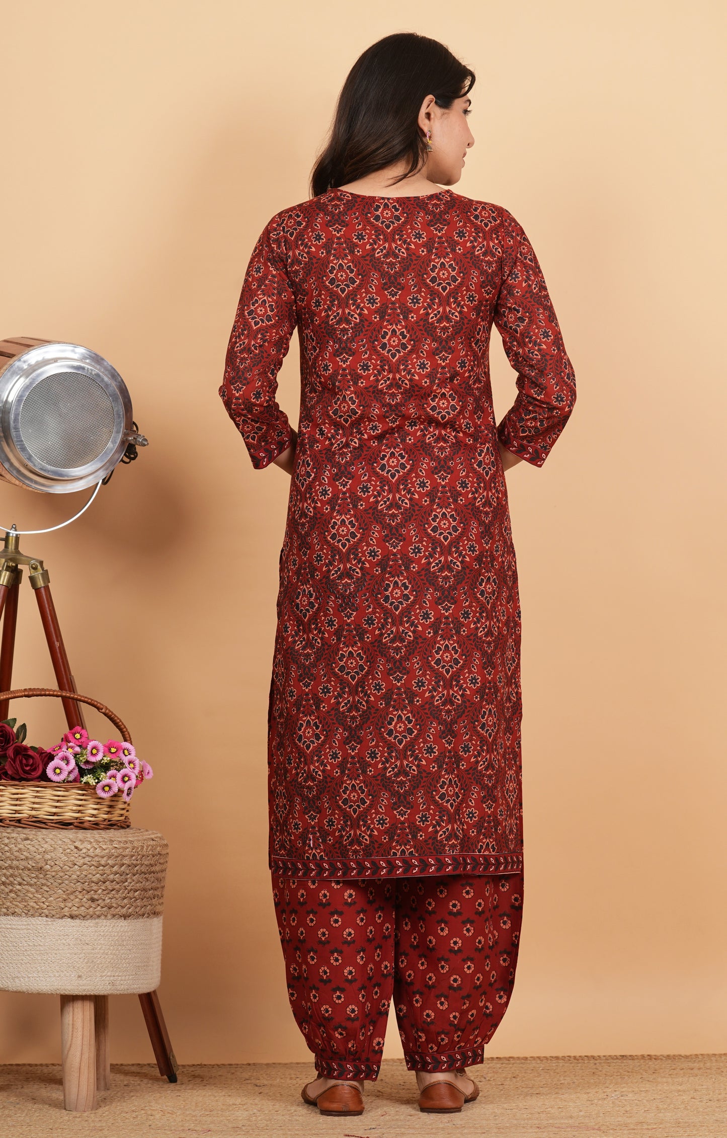 Maroon Straight Printed Cotton Kurta Set