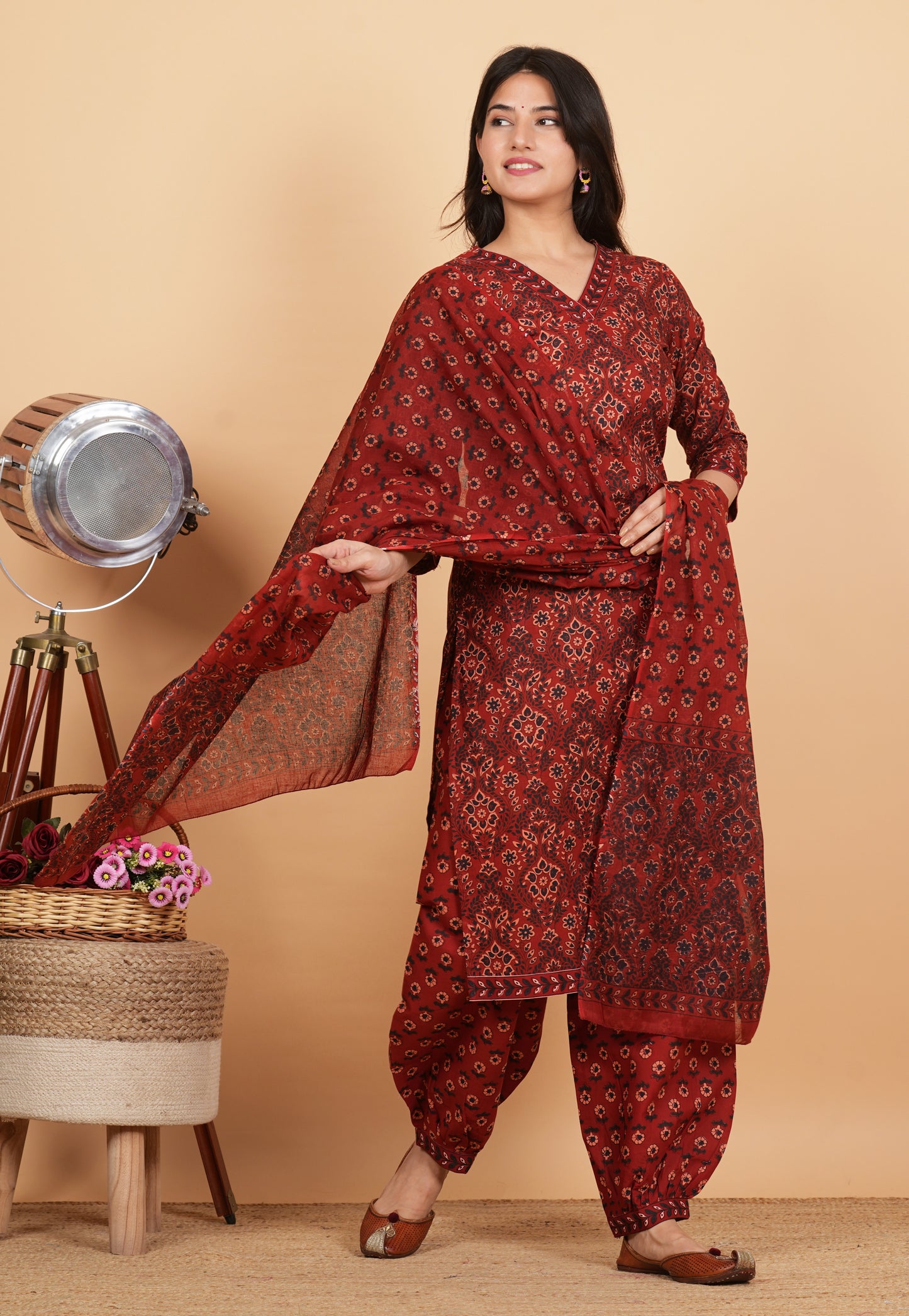 Maroon Straight Printed Cotton Kurta Set