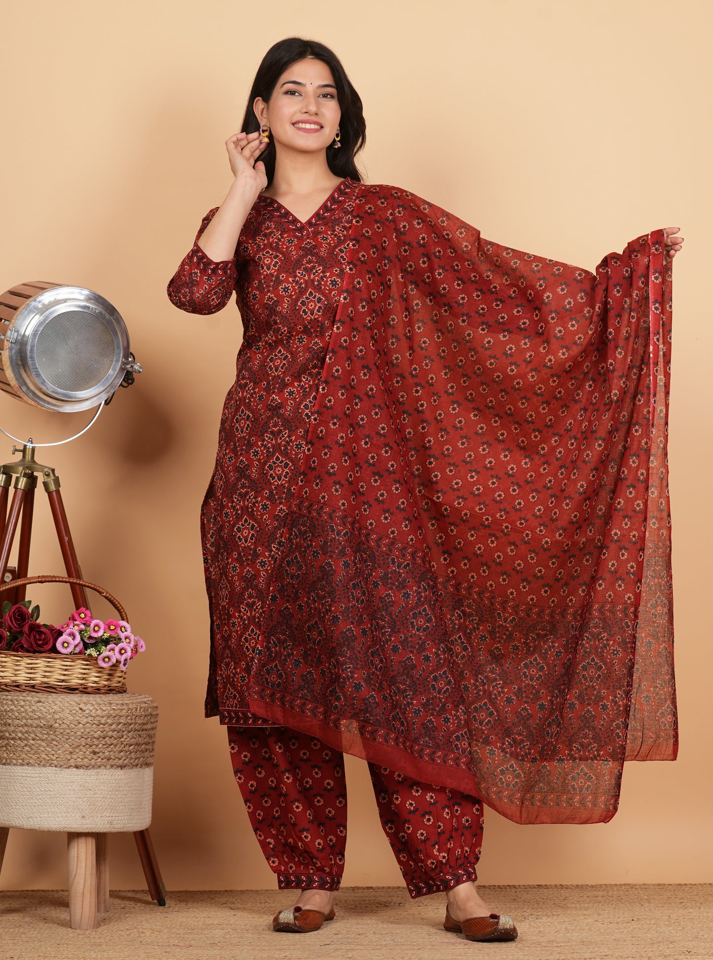 Maroon Straight Printed Cotton Kurta Set