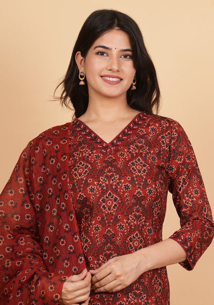 Maroon Straight Printed Cotton Kurta Set