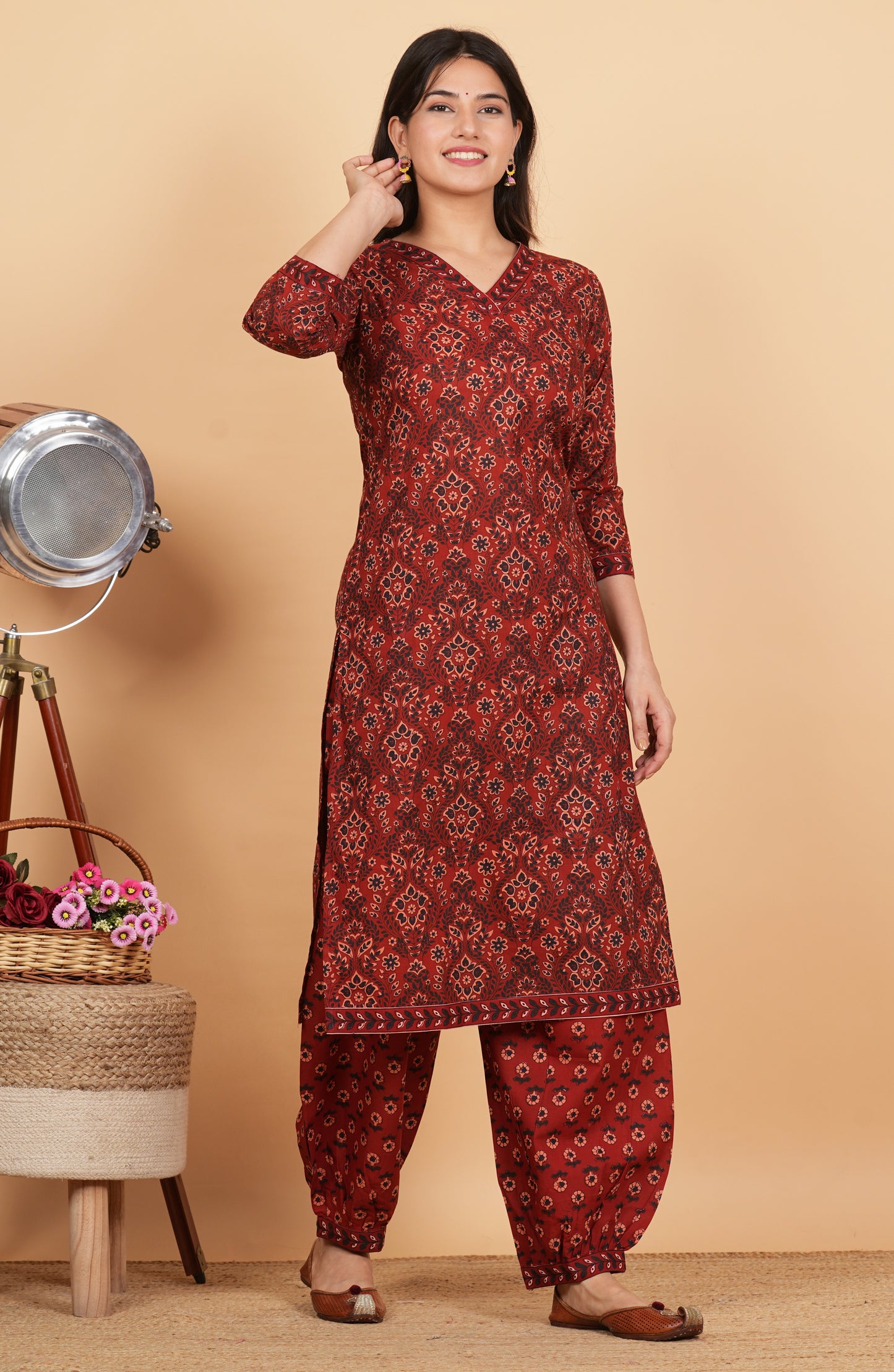 Maroon Straight Printed Cotton Kurta Set