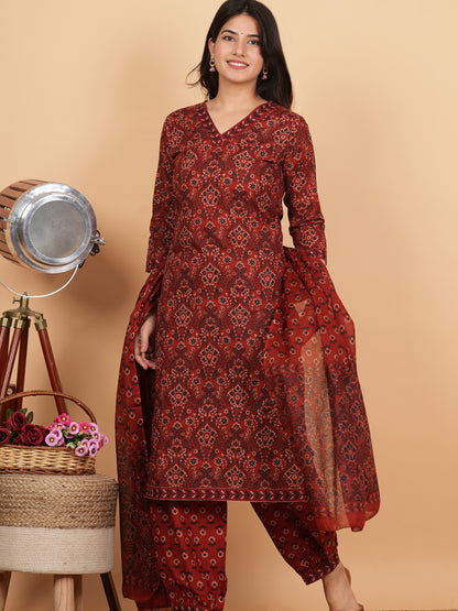 Maroon Straight Printed Cotton Kurta Set