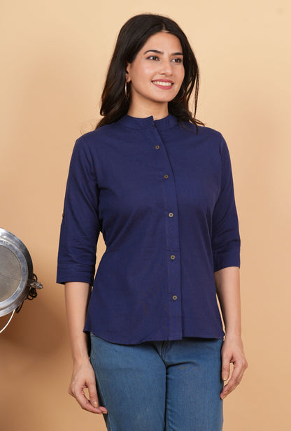 Navy Blue A-Line Cotton Blend Top