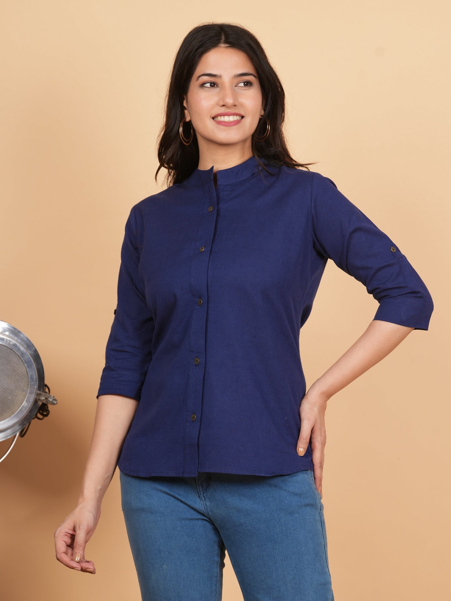 Navy Blue A-Line Cotton Blend Top